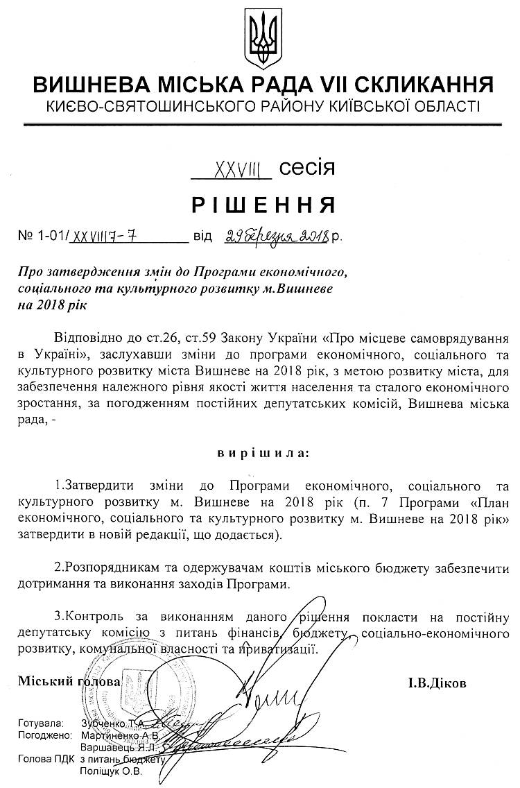 РІШЕННЯ ХХVІII СЕСІЇ VIІ СКЛИКАННЯ від 29.03.2018 року